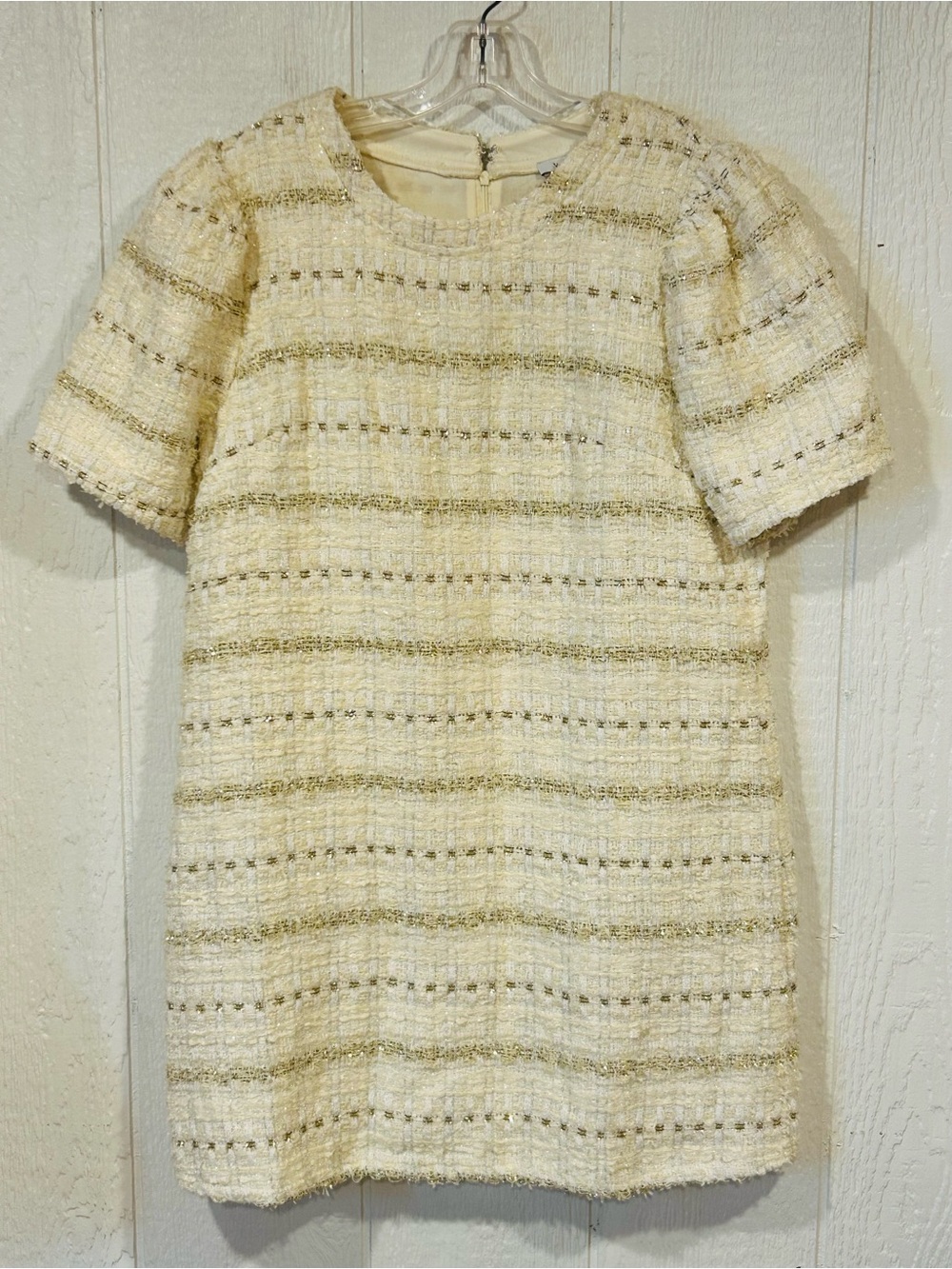 NEW Voy Believe in Yourself Cream Tweed Shift Dress with Gold Thread